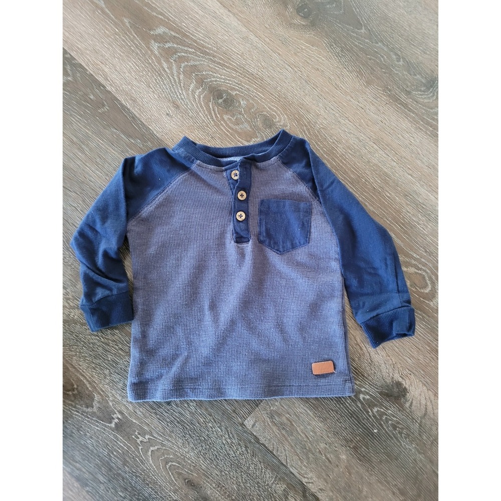 7 For All Mankind Boys Blue Waffle Knit Henley Thermal Raglan Shirt 24M #5